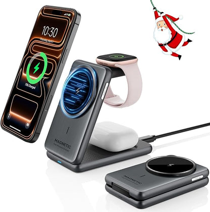 Wireless Charger for Apple, 3 in 1 MagSafe Charger Foldable Magnetic Charger for iPhone 17/16/15/14 Series, Airpods Pro 2, iWatch Series 10/9/8/7, Travel Charging Station for Apple Multiple Devices