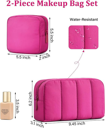 oscaurt 2 Pcs Makeup Bag Travel Toiletry Bag for Women Puffy Padded Cosmetic Pouch Purse Wide-open Makeup Organizer Case Travel Essentials