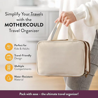 Kids Travel Organizer – Multi-Compartment, Water-Resistant Hanging Bag for Toys, Snacks, & Activities - Compact, Lightweight Design with Hook & Carry Handle - Perfect for Travel Use (Beige, Small)