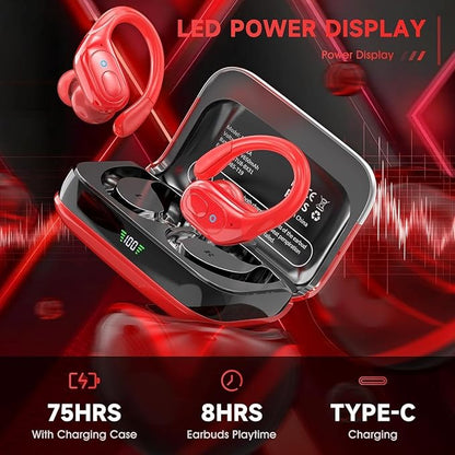 Wireless Earbuds Headphones Bluetooth 5.4, Noise Canceling Ear Buds with 75hr Playtime, IPX7 Waterproof Earphones Over-Ear Earphones for Sports/Workouts, LED Power Display - Red