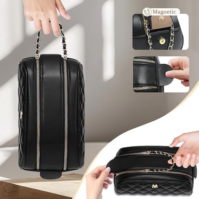 COSHAYSOO Unique Christmas Valentines Easter Mothers Day Travel Gifts for Women Mom Teacher Nurse Adult Daughter, Black Personalized Makeup Bag Quilted Leather Cosmetic Bags Monogram Initial Letter Q