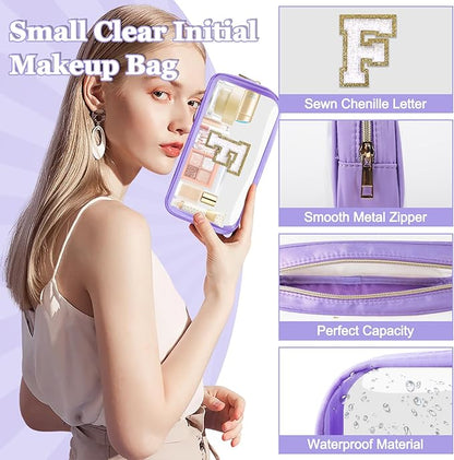 Small Clear Personalized Initial Makeup Bag,Nylon Preppy A-Z Chenille Letter Patch Cosmetic Pouch Beach Toiletry Bag,Waterproof Zip Travel Purse Storage Bag Organizer for Women Girls(Purple-White F)