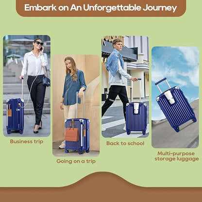 Joyway 20in Carry On Luggage with Cup Holder and USB Port, 25% Expandable Capacity, Smart Suitcase with Anti Slip Wheels and Handbag, Perfect for Men and Women 3 Piece Set Blue