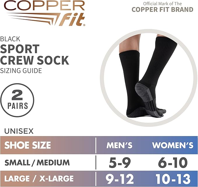 Copper Fit Unisex Crew Length Sport Socks, 2 Pair
