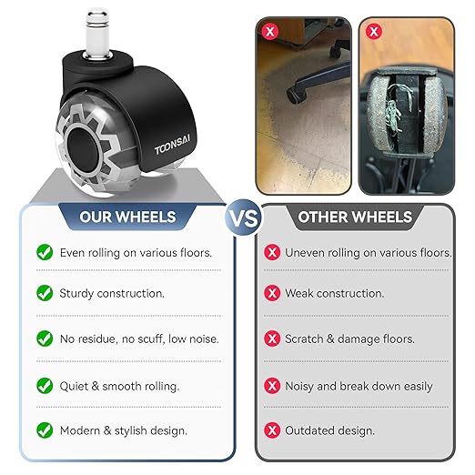 2 Inch Replacement Office Chair Wheels for IKEA Chair, Computer Gaming Castor for Carpet, Stem 3/8-7/8, Set of 5 for Furniture Hardwood Hard Floors Chair Caster Tile Smooth Safe Quiet Rolling,(Black)