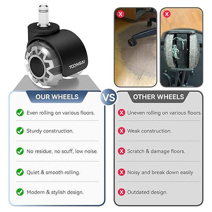 2 Inch Office Desk Chair Caster Wheels Replacement, Computer Gaming Castors for Carpet Stem 7/16-7/8, Set of 5 for Furniture Hardwood Hard Floors Chair Casters Tile Smooth Safe Quiet Rolling 880 LB