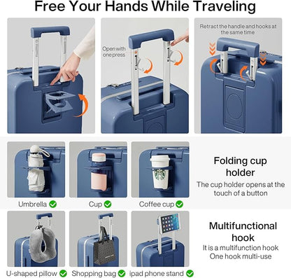 mixi Large Checked Luggage with Cup Phone Holder and Charger Hard Shell Suitcases with Spinner Wheels, 24 Inch Sapphire Blue