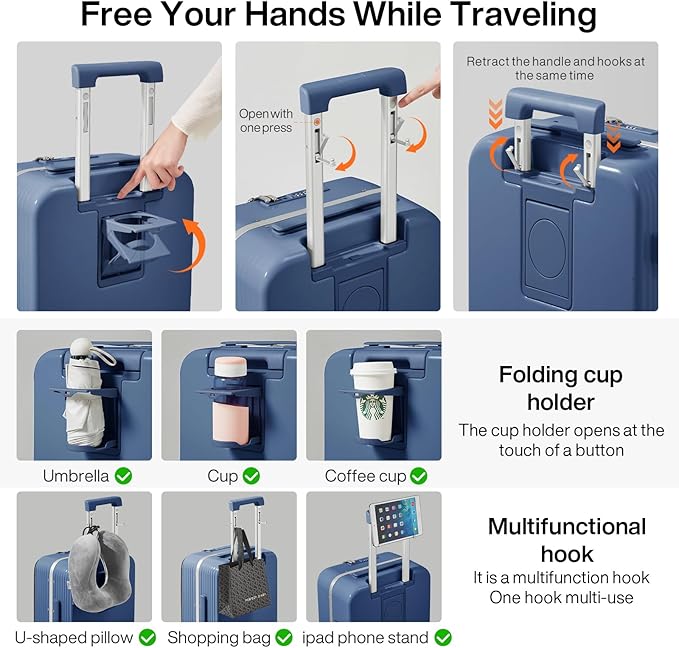 mixi Carry On Luggage with Cup Phone Holder and Charger Hard Shell Suitcases with Spinner Wheels,20 Inch Sapphire Blue