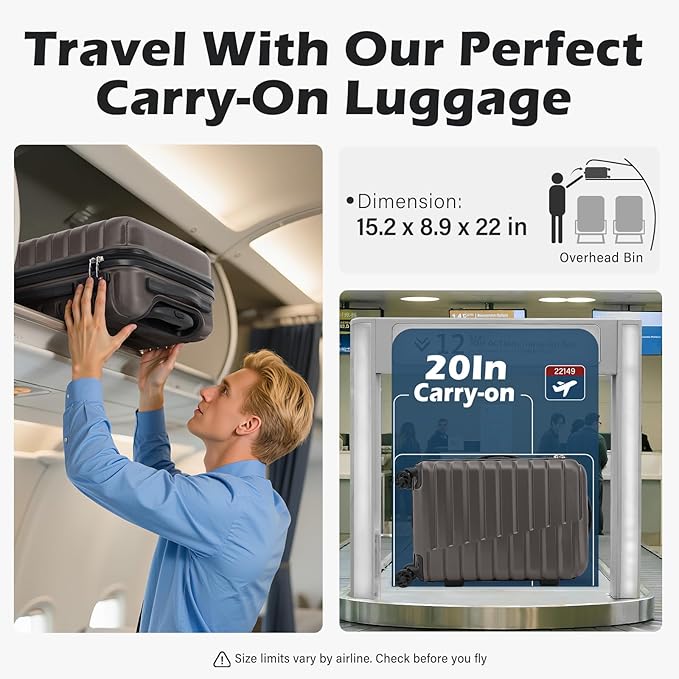 Coolife Carry On Luggage Airline Approved with Wheels Hard Shell Suitcase Spinner TSA Lock Telescopic Handle 20-inch,Gray