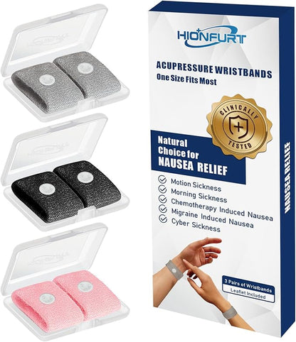 Motion Sickness Bands Anti Nausea Wristband for Adult and Kids Morning Sickness Relief for Pregnant Women Acupressure Nausea Relief for Car, Sea, Air Sickness - 3 Pairs Grey, Black, Pink