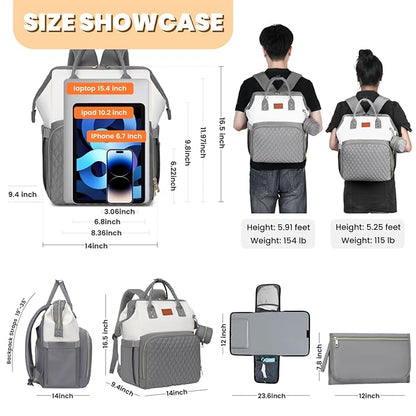 Baby Diaper Bag Backpack with Changing Pad, Pacifier Case, for Boy Girl Toddler - Large, Stylish, Waterproof Travel Quilted Diaper Bag for Mom - Gray/White
