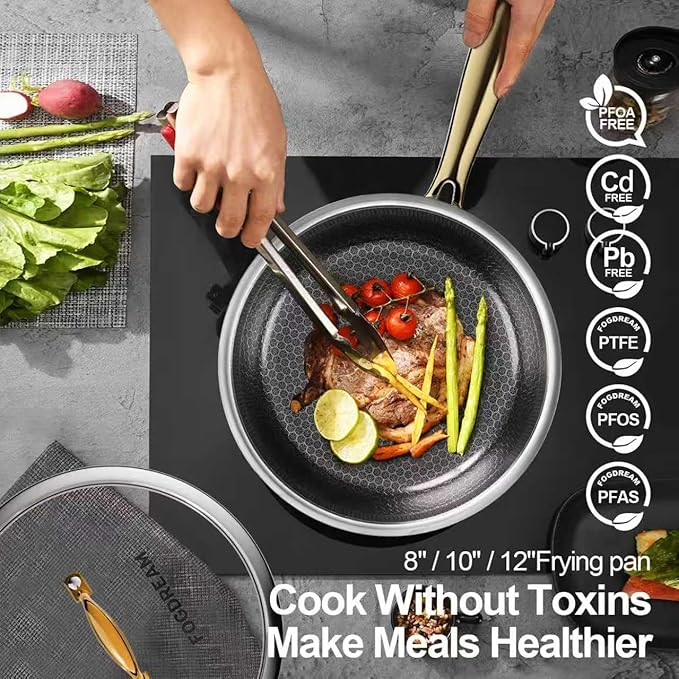 Fogdream 10“11” Non Stick Frying Pans, Stainless Steel Skillet with Lid, Tri-Ply Stainless Steel for All Cooktops, Dishwasher and Oven-Safe Cooking Pan, Stay-Cool Handle, Gold
