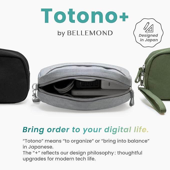 BELLEMOND「Totono+」| Cord Organizer Tech Pouch | Travel Electronics Organizer Case for Cables & Chargers | Hidden AirTag Slot & Cable Pass-Through | Designed in Japan | Bamboo Green