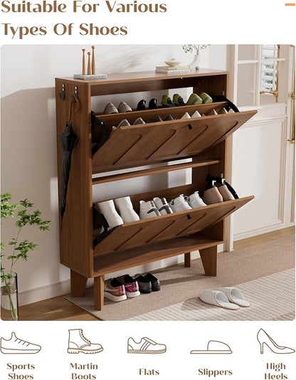 31.5" Shoe Storage Cabinet with 2 Flip Drawers, Narrow Shoe Cabinet for Entryway, Wood Shoe Rack Cabinet for Hallway, Walnut