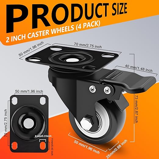 2 Inch Heavy Duty Casters 4 Sets of - Plate Casters with Brake, Bearing 600 pounds, 360 Degree Noiseless Rotating Wheels, Polyurethane (PU) Wheels for Furniture, Carts, Cabinets, Workbenches - Black