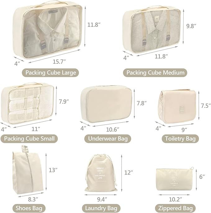 8 Set Packing Cubes for Suitcases, Travel Luggage Packing Organizers for Travel Accessories(BEIGE)