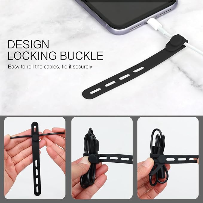 Donruby 24Pcs Silicone Cable Ties - Reusable & Washable with Locking Buckle Design, Adjustable Fastening Cable Straps, Multi-Purpose High Elasticity Cord Organizer (Black & White)