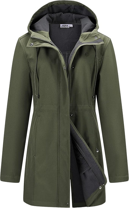 Outdoor Ventures Women's Lightweight Waterproof Fleece Lined Hooded Softshell Rain Jacket, Warm Windbreaker Long Coat