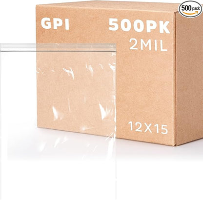 GPI - 12" x 15" Zip Bags, 500 Count, Clear Plastic Reclosable Zipper Poly Baggies, with Resealable Zip Top Lock. for Freezer, Apparel, Clothing, Food, Home & Office Supplies.