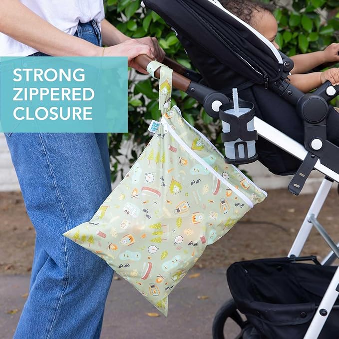 Bumkins - Waterproof Wet and Wetdry Bags - For Beach, Baby, Travel, Swim Suit, Cloth Diapers, Pump Parts, Pool, Gym, Toiletries - Reusable & Easy to Clean - Camp Gear Green - 2 Pack