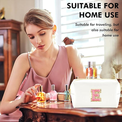 Initial Makeup Bag Personalized Preppy Travel Small Cosmetic Bag Cute PU White Chenille Letter Makeup Pouch for Purse Waterproof Zippered Toiletry Organizer for Women Girls Kids Friends (E)