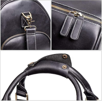 24 Inch Leather Travel Weekend Luggage Bag, Mens Duffle Retro Carry on Handbag (Black)