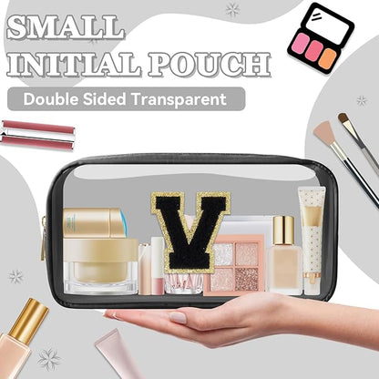 Small Clear Personalized Initial Makeup Bag, Preppy Nylon A-Z Chenille Letter Patch Makeup Organizer TSA Approved Travel Toiletry Bag,Waterproof Zip Beach Cosmetic Pouch Purse for Women(Black-Black V)