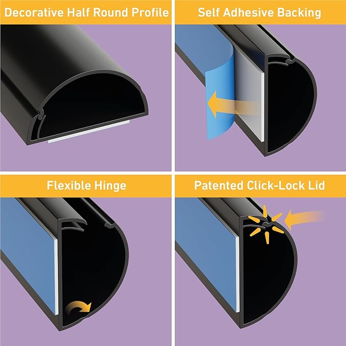 D-Line Half Round Cord Hider, Patented Cable Cover, Hide TV Wall Mount Wires, Raceway for Cords, Decorative Wire Covers, Paintable, Adhesive Cable Concealer, 2in W x 1in H x 39in L, Black