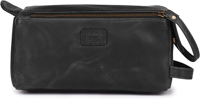 LEATHER VILLAGE Premium Leather Travel Toiletry Bag - Water-Resistant Dopp Kit for Toiletries, Large Shaving Bag & Bathroom Organizer - Gift for Men & Women - Distressed Black