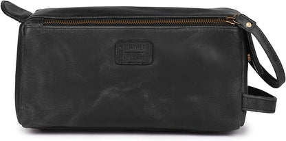 LEATHER VILLAGE Premium Leather Travel Toiletry Bag - Water-Resistant Dopp Kit for Toiletries, Large Shaving Bag & Bathroom Organizer - Gift for Men & Women - Distressed Black