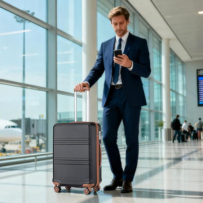 Kono 24 Inch Luggage Suitcase with Spinner Wheels TSA Lock Lightweight PC+ABS Hardside Medium Checked Luggage Durable Rolling Suitcase Apricot Black