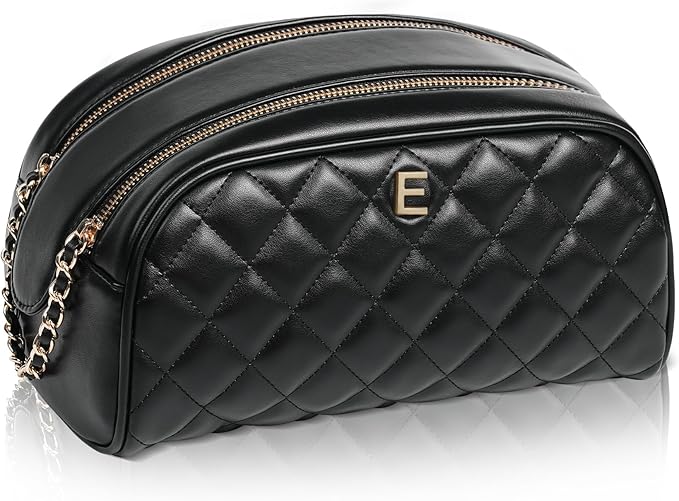 COSHAYSOO Christmas Birthday New Job Congratulations Farewell Goodbye Thank You Gifts for Coworker Female Boss, Womens Initial Quilted Makeup Bag Large Leather Monogram Cosmetic Bags Black Letter E
