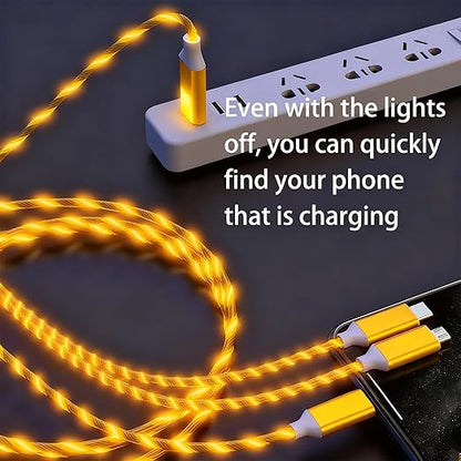 USB Cable PD Fast Charger Lighted Up (USB 3IN1 Yellow),Phone Data Cable, Flowing Light Charging Cable, 39-inch, TPE Material, Compatible with Almost All Phones, Tablets, and Headphones.