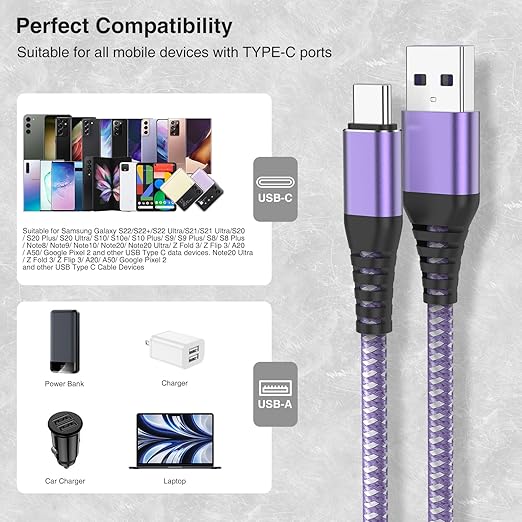 5Pack USB C Type C Cable 6FT,Nylon Braided Fast Charging 3A Quick Charger Cord,USB A to Type C Charger Cord Cable for iPhone 15 Samsung Galaxy S20 S10 S9 S8 Plus S10E, Note 20 10 9 8, Moto G7 G8