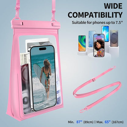Large Waterproof Phone Pouch [with Sealing Strip], Cell Phone Dry Bag for iPhone 16 15 14 13 Pro Max Galaxy S25 S24 S23 All Devices, Floating Water Proof Bag for Beach Water Park Pink