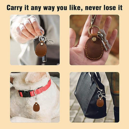 Genuine Leather Airtag Holder, Portable Handcraft Leather Air Tag Keychain with Keyring and Screwdriver, Full Coverage Air Tag Protective Case Cover Accessories - Brown