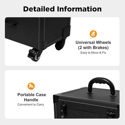 Rolling Makeup Case w/ 4 Keys, 3-tier Lockable Makeup Train Case w/ Drawers, Detachable Nail Polish Organizer, Travel Cosmetic Case w/ 3-gear Telescopic Rod, 13.98*9.06*22.64in, Black Latch+Black