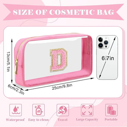 Personalized Initial Letter Clear Makeup Bag,Preppy Small Nylon&PVC Cosmetic Zipper Bag with Chenille Letter,Portable Beach Travel Skincare Toiletry Bag,Trendy Monogram Gift for Teen Girls Women,D