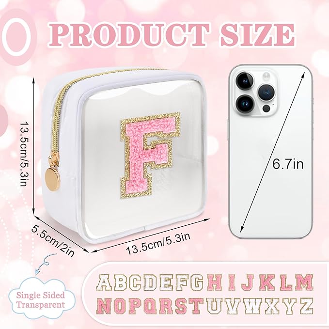 Mini Clear Personalized Initial Makeup Bag,Nylon Preppy A-Z Chenille Letter Patch Zipper Cosmetic Bag, Small Cute Beach Pouch Travel Purse Sanitary Napkin Storage Bag for Women Girls(White-Pink F)
