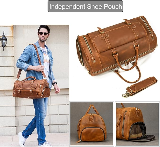 Full-grain Genuine Leather Travel Bag Large Capacity Duffel Luggage Bag with Shoe Compartment, Men Women Shoulder Bag for Weekend Holiday Business Trip, Light Brown