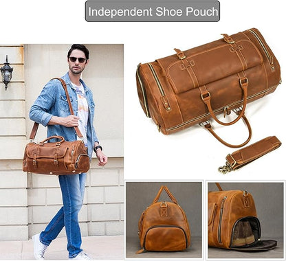 Full-grain Genuine Leather Travel Bag Large Capacity Duffel Luggage Bag with Shoe Compartment, Men Women Shoulder Bag for Weekend Holiday Business Trip, Light Brown