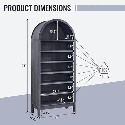 71" Tall Arched Bathroom Storage Cabinet, 7-Tier Modern Farmhouse Storage Cabinet with Adjustable Shelves, Wood Freestanding Cabinet for Bathroom, Living Room, Entryway, Hallway (Dark Grey)