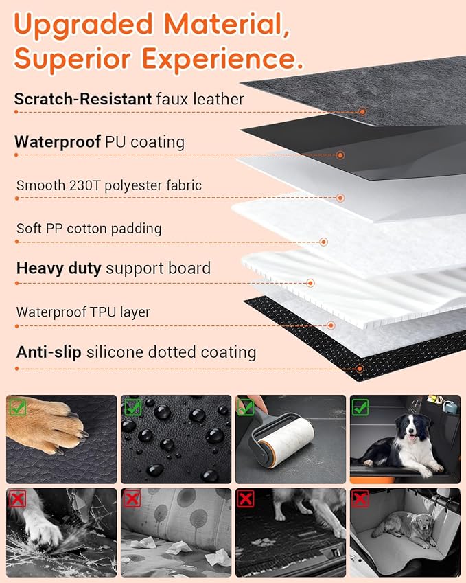 2 in 1 Dog Car Seat Cover for Back Seat & SUV Cargo Liner for Dogs, Waterproof PU Leather Back Seat Extender Hold 500lbs, Hard Bottom Dog Hammock for Car SUV Truck, Anti-Scratch & Wipe Clean Trunk Mat
