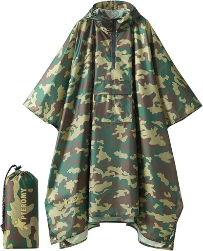 PTEROMY Hooded Rain Poncho for Adult with Pocket, Waterproof Lightweight Unisex Raincoat for Hiking Camping Emergency
