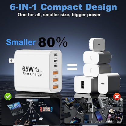 USB C Charger Block, 2-Pack 65W 6-Port USB C Wall Charger iPhone Charger Fast Charging PD Power Adapter+QC Wall Plug Multiport Type C Brick Chargers for iPhone 17 16 15 14 13 12 11 Pro Max XS,Samsung