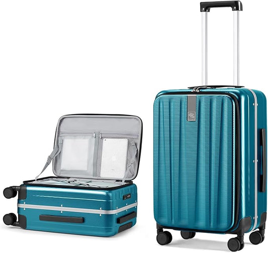 Hanke 24 Inch Checked Luggage Hard Shell Top Opening Aluminum Frame Hardside Medium Suitcase with Spinner Wheels, Durable Rolling Luggage for Men & Women Travel, Caribbean Blue
