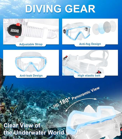 Aegend Snorkeling Gear for Adults Youth Kids, Dry Snorkel Set Panoramic View Enhanced Anti-Leak and Anti-Fog Technology, Adjustable Strap for Snorkeling Scuba Diving Swimming with Mesh Bag