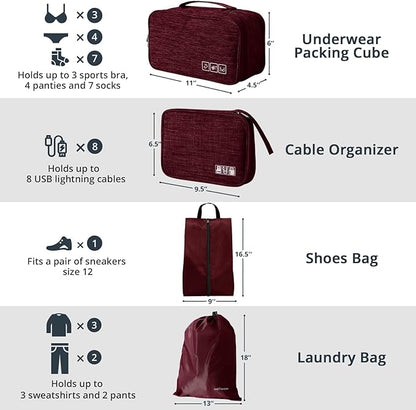 7 Set Compression Packing Cubes for Travel - Compressible, Lightweight, and Space-Saving Packing Cubes, Travel Essentials for Women, Wine