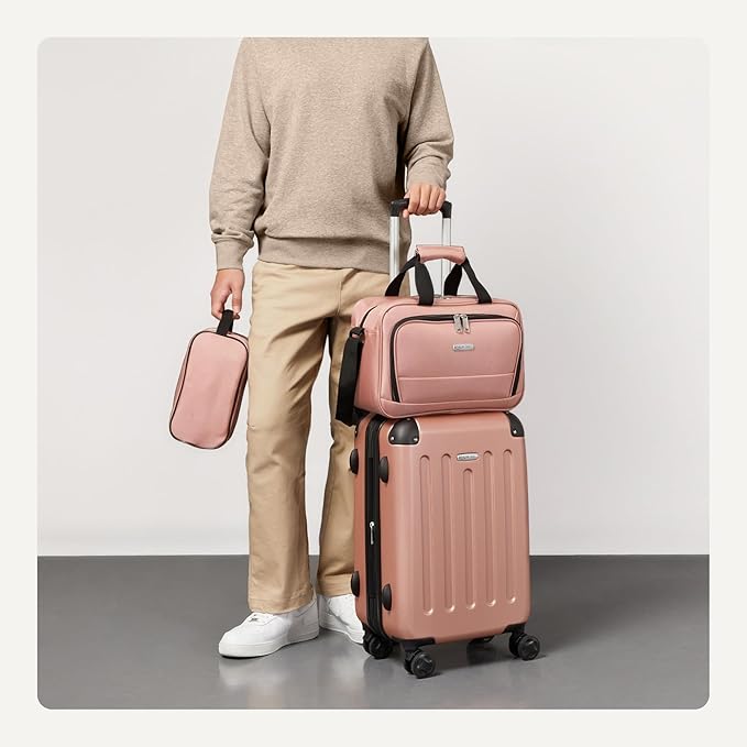 Amazon Basics 3-Piece Luggage Set, Including One Carry-On Luggage (22" Expandable Hardside Suitcase With 8 Spinner Wheels), One 15-inch Tote Bag, and One 10-inch Compact Travel Bag, Rose Gold