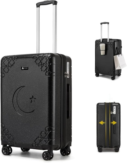 Somago Expandable Carry On luggage with Shock-Absorbing Braking Spinner Wheels Moon Star Design Hard Shell Suitcase with Cupholder TSA Lock (Black,Expandable 20 Inch)
